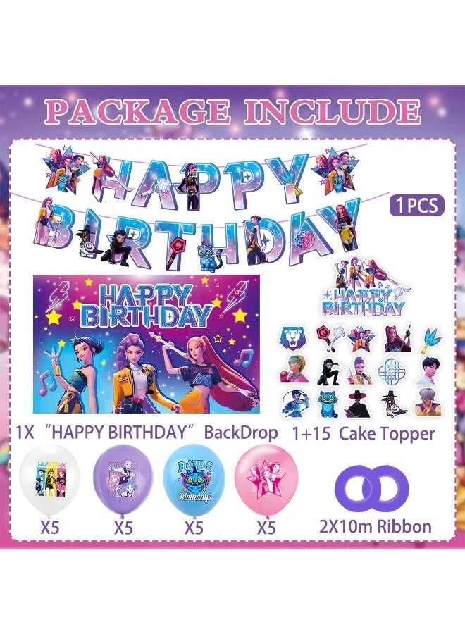 KPop Demon Hunters Balloon Decor Set - Anime Themed Party Supplies with Character Print Banner & Cake Topper for Cosplay Events, Birthday Backdrop Indoor Outdoor Decoration - Image 1